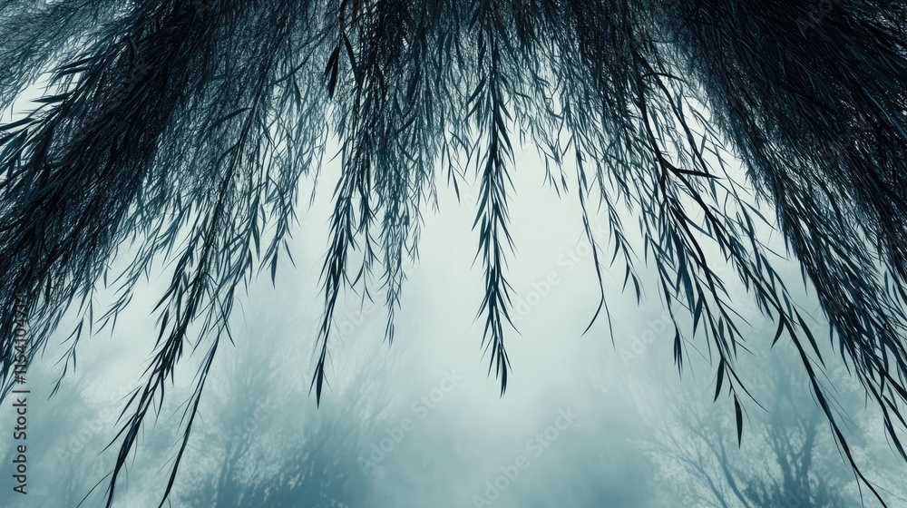 Aufkleber Abstract view of weeping willow branches against a foggy grey blue sky creating a serene and moody atmosphere in nature photography