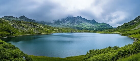 Majestic panoramic view of a serene reservoir surrounded by lush greenery and misty mountains under a cloudy sky