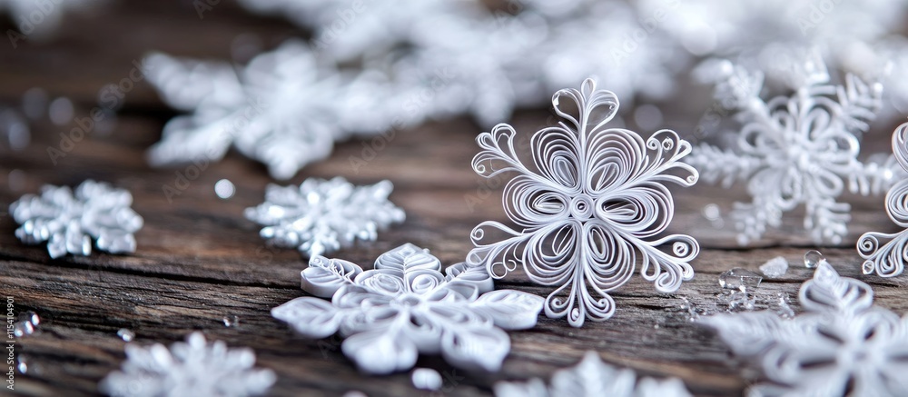 Aufkleber Beautifully crafted paper snowflakes in quilling technique displayed on a rustic wooden surface creating a festive winter atmosphere.