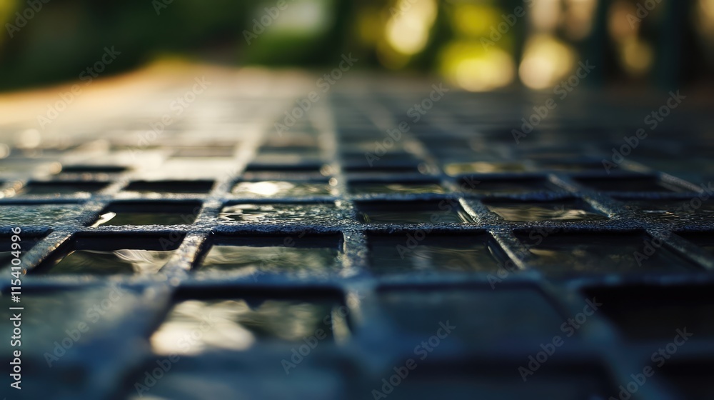 Aufkleber Outdoor tabletop with a close-up view of a grid pattern showcasing reflections and textures in natural light