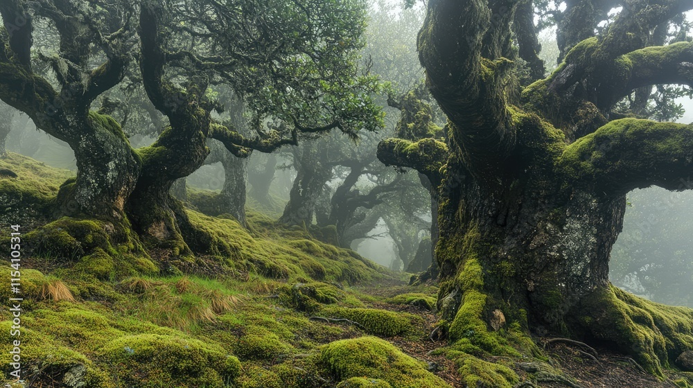 Poster Ancient spruce forest with dense moss and mist creating a mystical atmosphere in a serene natural setting