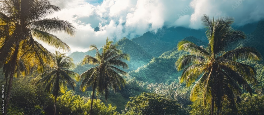 Poster scenic view of palm trees in lush green mountains under a dramatic cloudy sky creating a serene trop