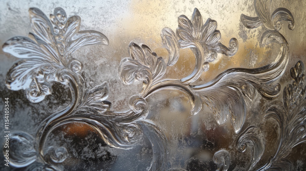 Poster intricate frosty design on window glass showcasing delicate floral patterns and textures in winter l