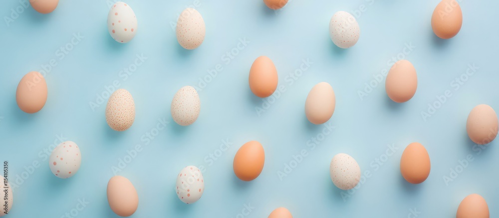 Poster Pastel colored Easter eggs arranged in a flat lay style on a soft blue backdrop creating a cheerful and festive spring atmosphere