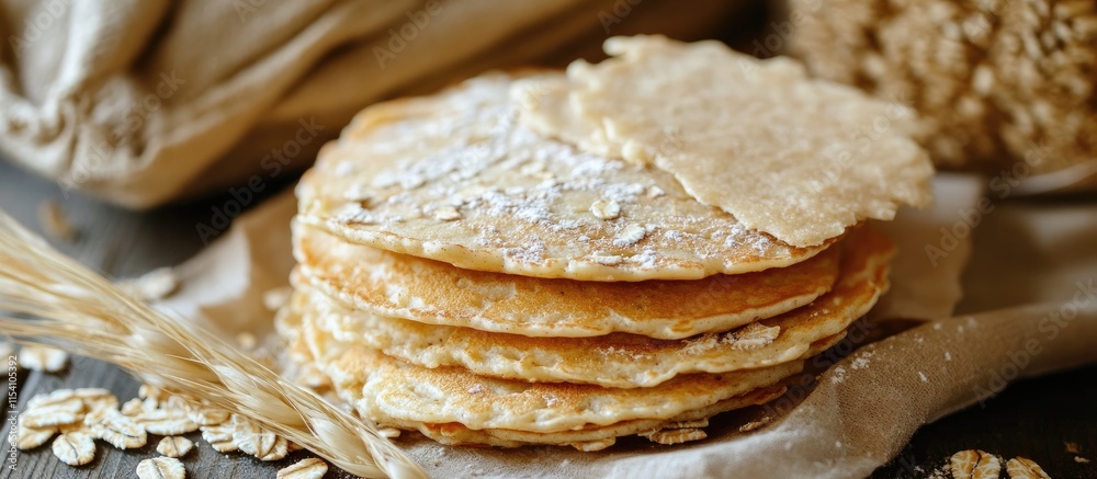 Poster Oatmeal pancakes stacked elegantly with a sprinkle of flour on a rustic wooden background showcasing healthy breakfast options.