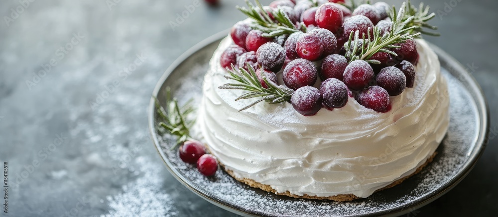 Poster pavlova meringue cake topped with frosted cranberries and fresh rosemary on a rustic plate against a