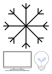 Abstract snowflake above minimalist computer monitor and light bulb with leaf filament. Ideal for environmental technology, sustainability, nature integration, climate awareness, green energy, winter