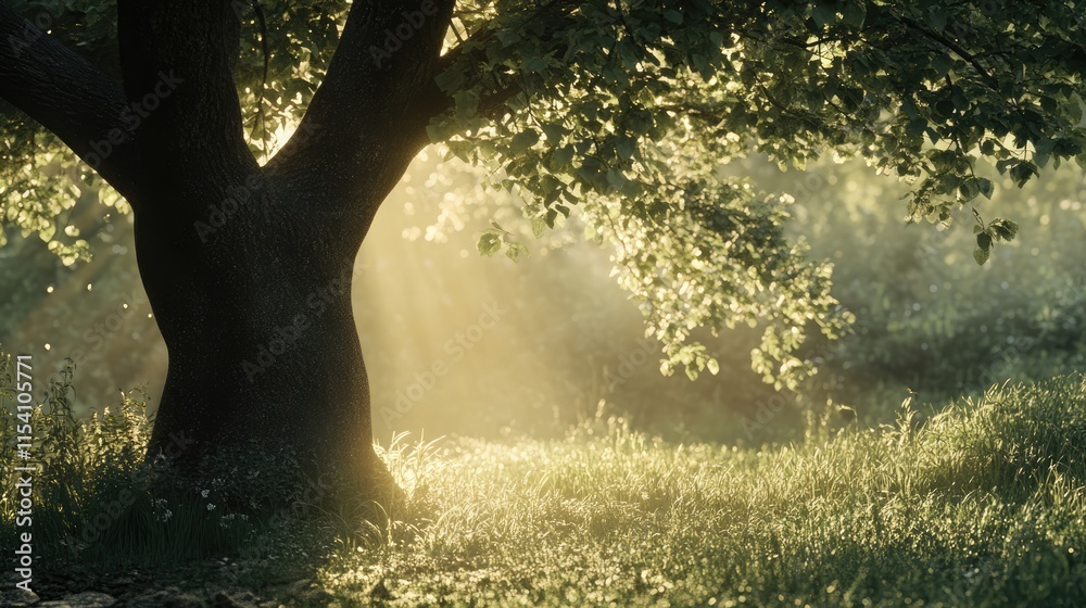 Poster serene sunlight filtering through tree leaves in a tranquil outdoor nature setting