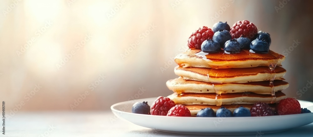 Poster delicious pancakes stacked high topped with blueberries honey and assorted berries on a white plate 