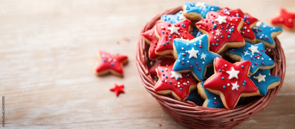 Aufkleber Patriotic sugar cookies in a basket with red and blue frosting and star sprinkles on a light wooden table with ample copy space