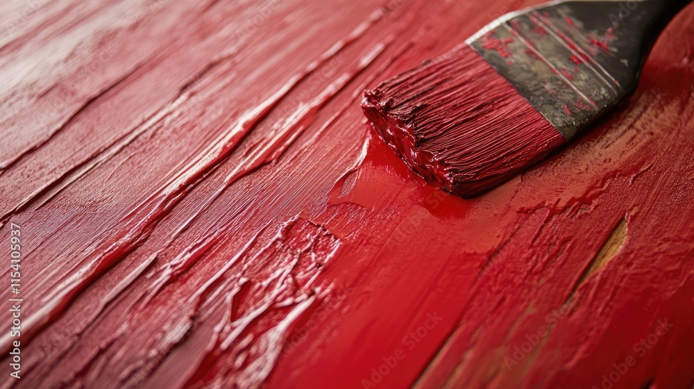 Poster closeup of a brush applying vibrant red dye on a textured wooden surface showcasing rich color depth