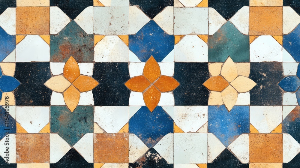 Poster Artistic Outdoor Mosaic Tile Pattern with Vibrant Colors and Geometric Design for Background or Backdrop Use