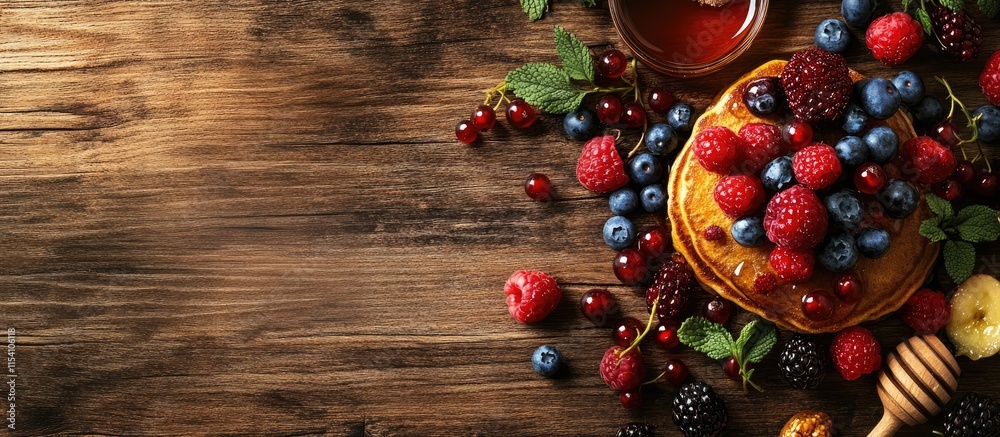 Poster Freshly made pancakes adorned with mixed berries honey and mint leaves on a rustic wooden surface inviting a delicious breakfast experience