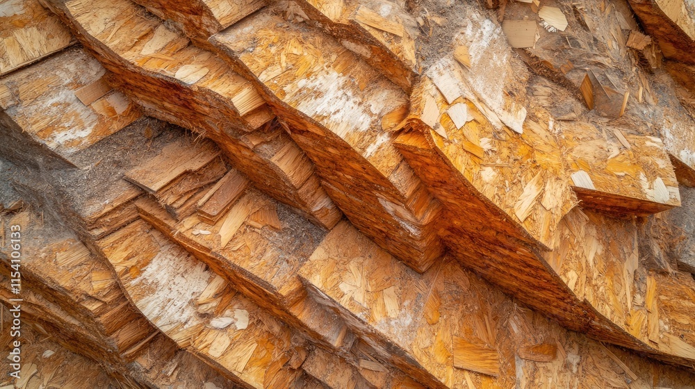 Poster Close up of stacked OSB slabs made from recycled sawdust showcasing textures and layers for building material applications