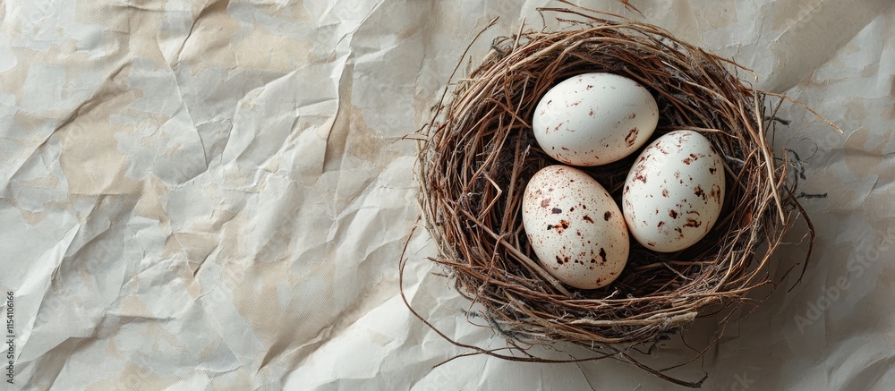 Poster Decorative painted eggs nestled in a natural nest on crumpled paper backdrop flat lay with space for text or seasonal design elements