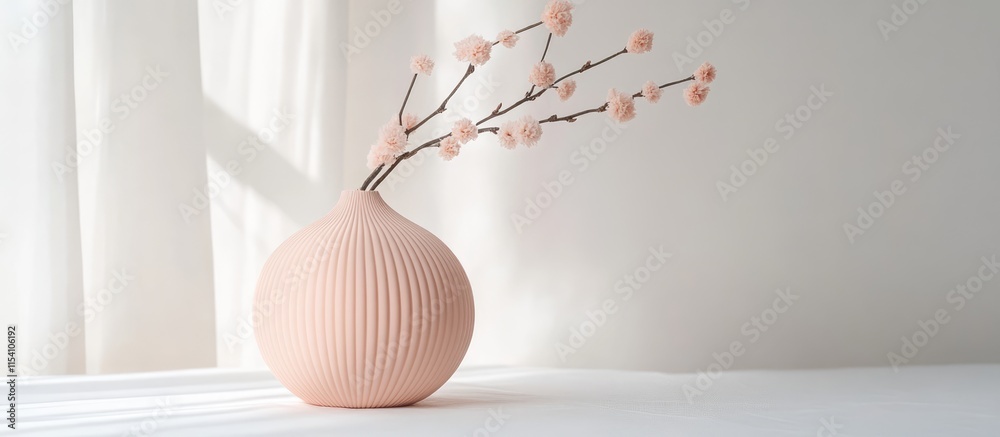 Poster peach decorative vase with delicate flowers on a minimalist tabletop setting against a bright white 