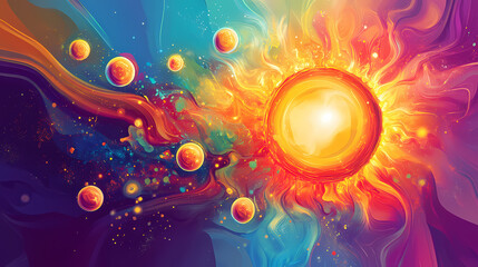 A colorful, stylized illustration of the sun surrounded by rotating orbs, representing the transformative power of. Galvanic. Illustration