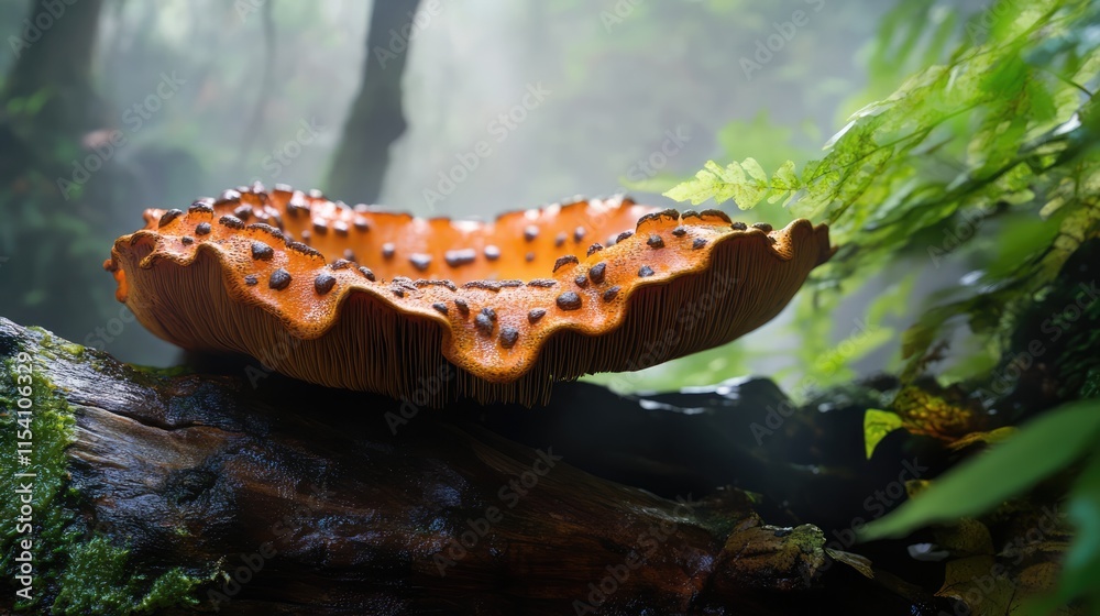 Poster Close-up of a vibrant orange mushroom growing on a log in a misty forest environment with lush greenery surrounding it