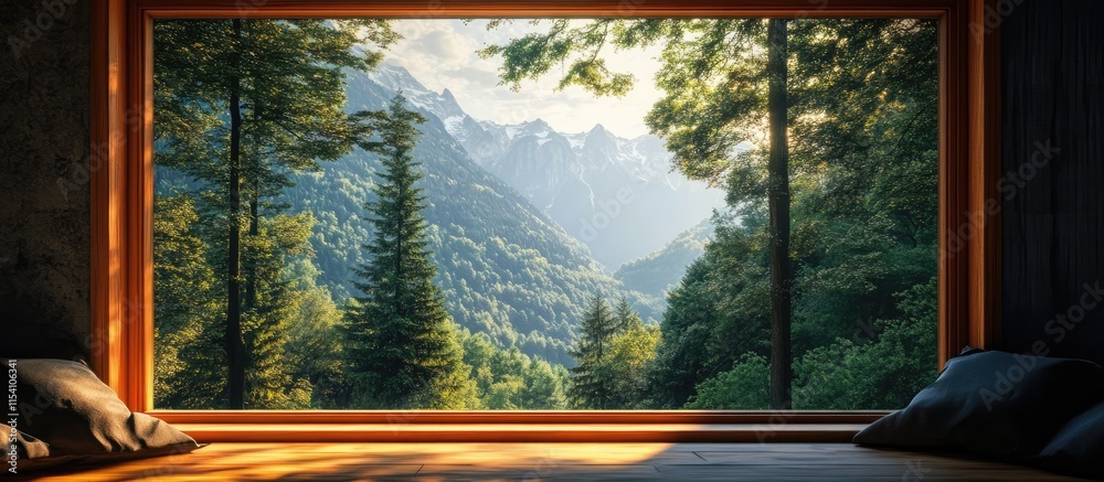 Poster panoramic mountain landscape viewed through a cozy window showcasing lush trees and inviting natural