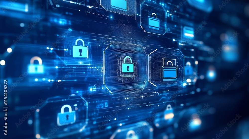 Poster digital representation of cybersecurity with multiple padlock icons and glowing blue circuitry in a 
