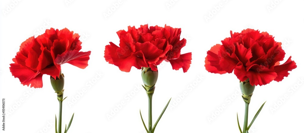 Poster red perennial carnations arranged in a line against a clean white background showcasing their vibran
