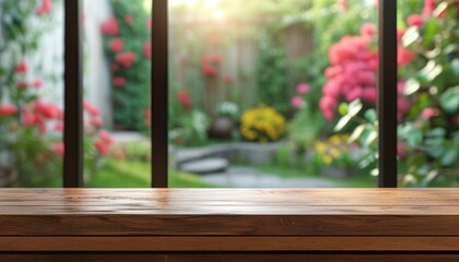 Beautiful Wooden Countertop with Lush Garden Background for Home Decor and Design Inspiration