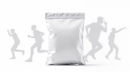 Fototapeta premium Glossy pouch template, blank white, isolated on white, lit by strong hard light, creating direct harsh shadows.