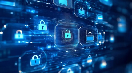 Digital Representation of Cybersecurity With Multiple Padlock Icons and Glowing Blue Circuitry in a Technology-Themed Environment