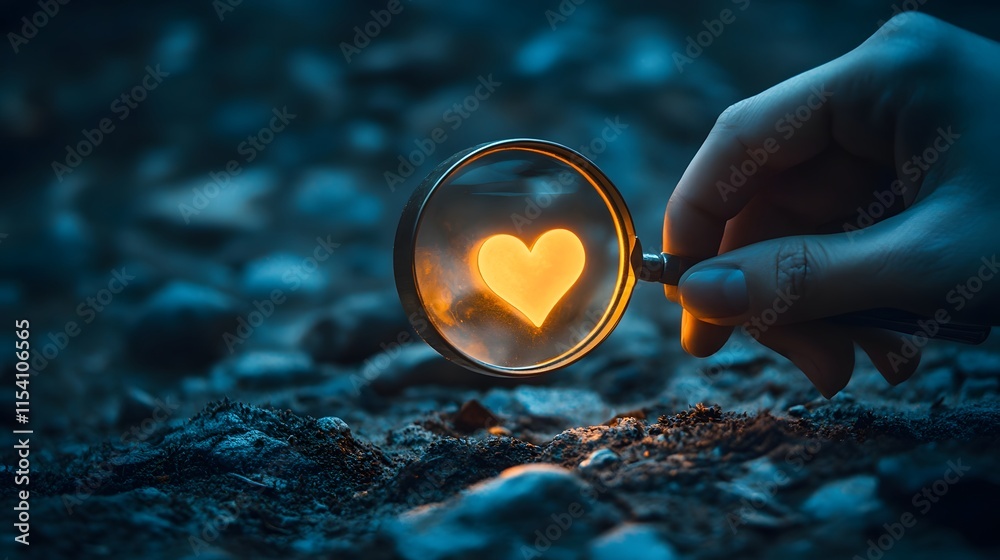 Poster hand holding magnifying glass over a glowing heart shaped object on a textured surface, symbolizing 