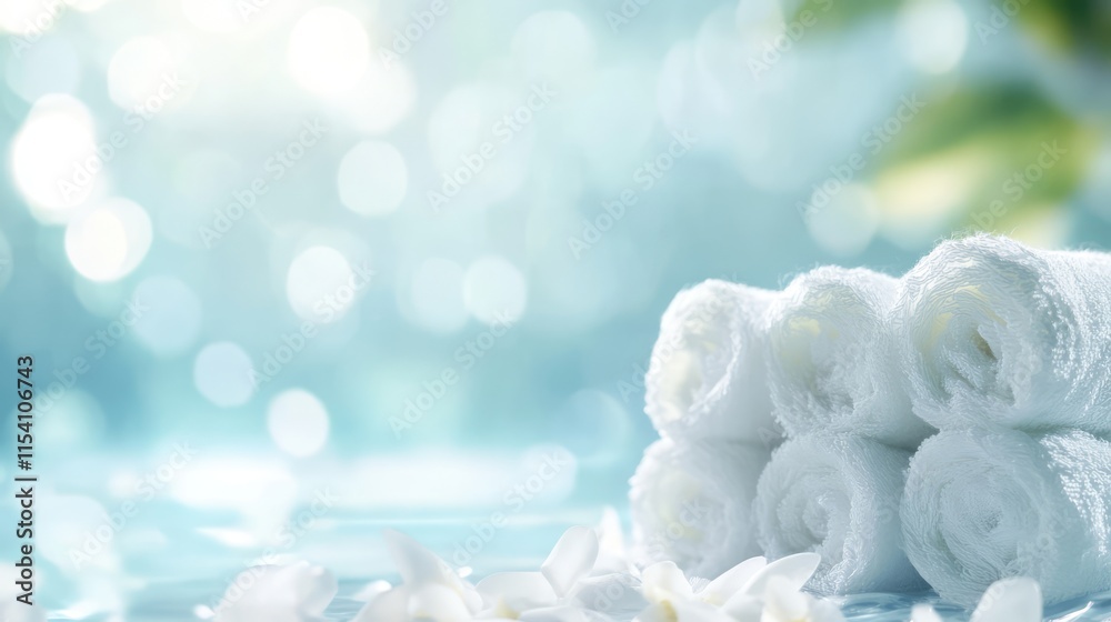 Poster tropical spa setting with rolled white towels and delicate flower petals on a serene background for 