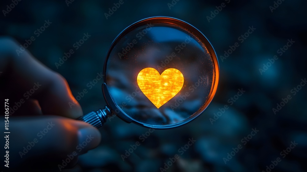 Poster A Glowing Heart Shape Seen Through a Magnifying Glass with a Dark Background Creating a Mystical and Dreamy Atmosphere Perfect for Romantic or Inspirational Themes