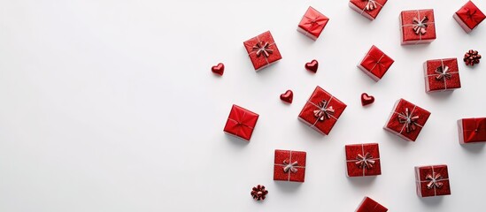 Fototapeta na wymiar Holiday gift arrangement with red presents and decorative hearts on a white background for cheerful winter celebrations and greetings.