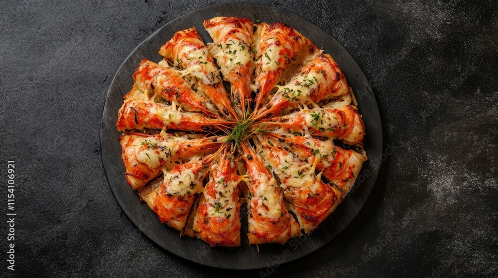 Poster oven baked cheese stuffed red prawns arranged on a round plate with dark gray background top view cu