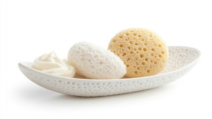 Oval bath sponge set with cream dish on elegant plate isolated on clean white background for wellness and skincare concepts