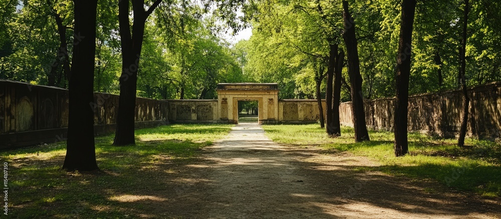 Poster park pathway leading to historical structures celebrating the founding of the imperial state surroun