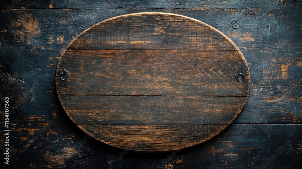 Poster dark oval wooden signboard on a textured wooden background creating a rustic and vintage atmosphere 