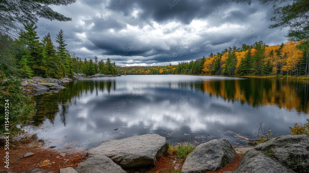 Poster serene wilderness scene with overcast skies reflecting on tranquil lake surrounded by vibrant autumn