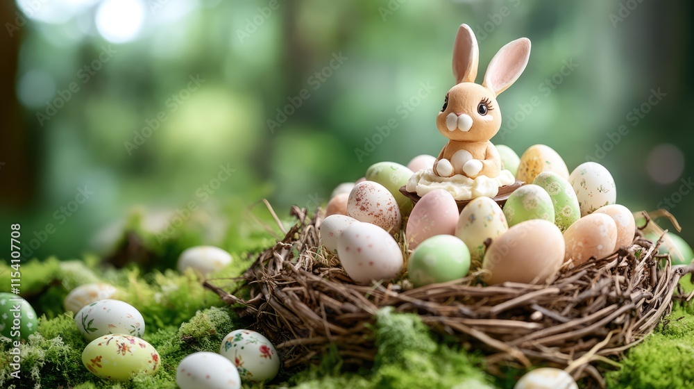 Aufkleber easter celebration scene with colorful painted eggs and a cute rabbit figurine in a natural nest set