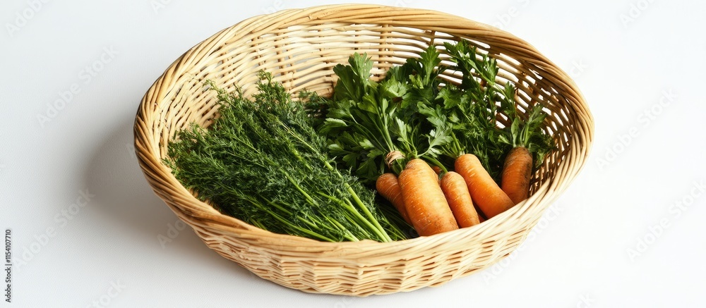 Poster overhead view of fresh carrots and herbs in a wicker basket on a bright background showcasing health