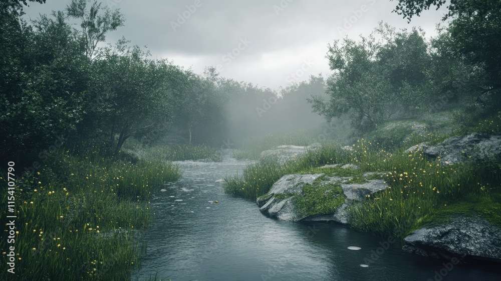 Poster serene tranquil landscape with misty river surrounded by lush greenery and stone formations on an ov