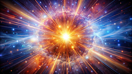 Obraz premium A brilliant cosmic explosion reveals a fusion of vibrant colors and light, depicting the birth of stars and galaxies in the vastness of deep space. Dynamic rays radiate from the center