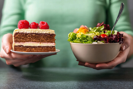 A humorous portrayal of a person holding a slice of cake in one hand and a salad bowl in the other, struggling to decide, playful and relatable