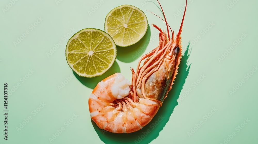 Poster overhead shot of fresh prawn with lime halves on a soft green background showcasing vibrant colors a
