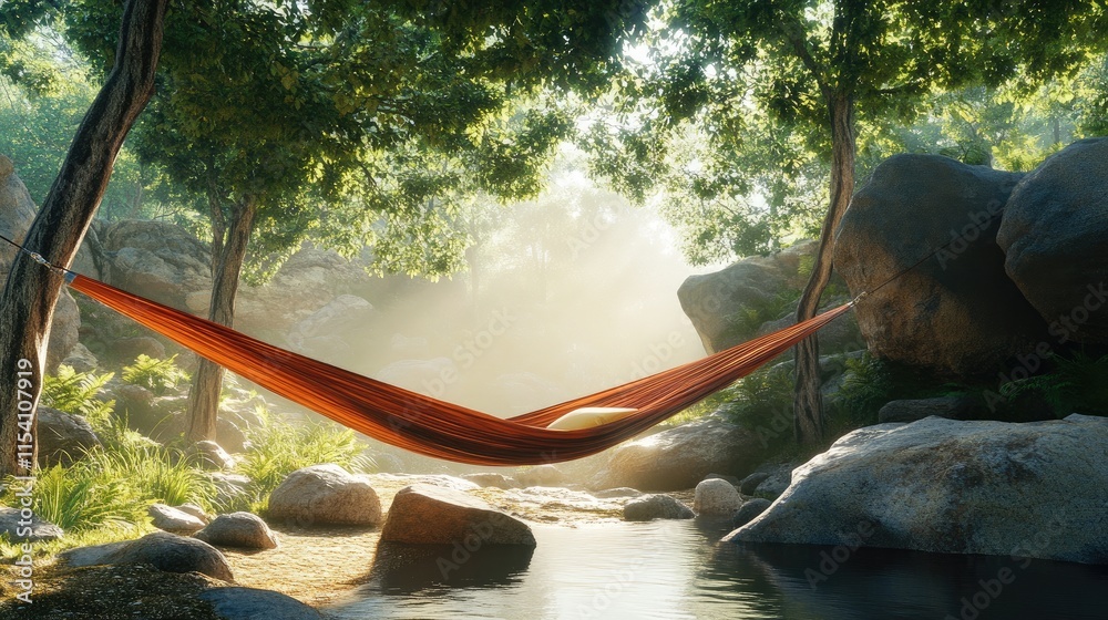 Poster Tranquil outdoor hammock surrounded by nature creating a peaceful retreat for relaxation and serenity by a gentle stream in a forest setting