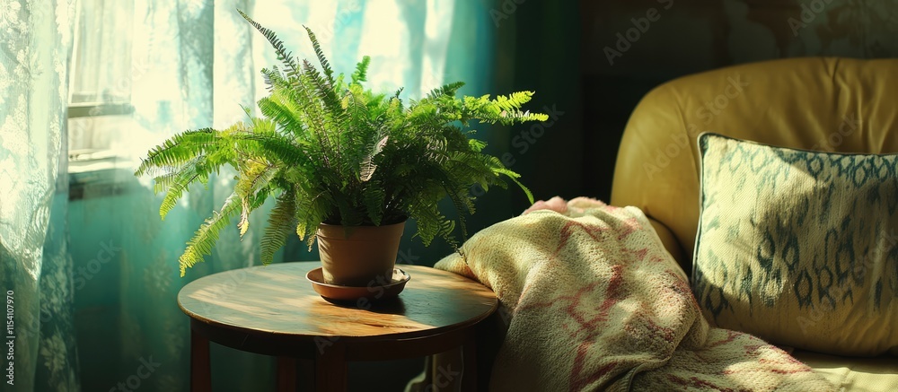 Poster cozy interior scene featuring a potted fern on a table next to a sofa with decorative cushions and a