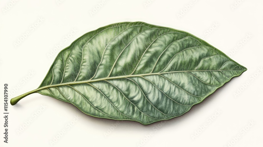 Poster detailed close-up of a lush green oval leaf showcasing intricate vein patterns and a textured surfac