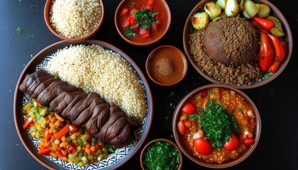 Traditional Turkish Kebab Set with Diverse Side Dishes and Vibrant Colors