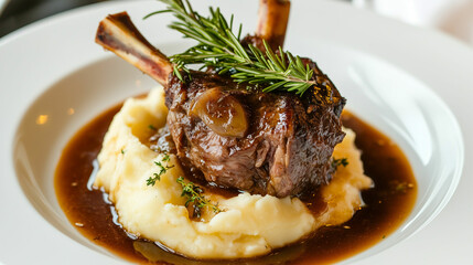 Delicious braised lamb shank served over creamy mashed potatoes with rosemary at a gourmet restaurant