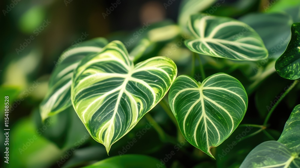 Poster ornamental plant close-up featuring vibrant green leaves with intricate patterns and a softly blurre