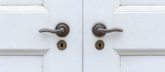 White doors with intricate handles and keyholes representing the themes of choice, opportunity, and new beginnings in a symbolic close-up view.